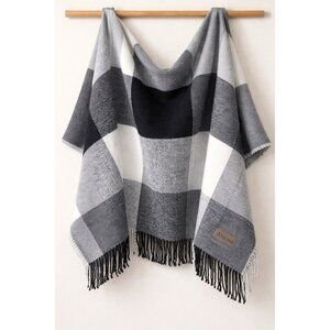 TerryTown Wool Blend Throw Blanket Gray Black White Plaid Fringe 60x50 Soft Cozy